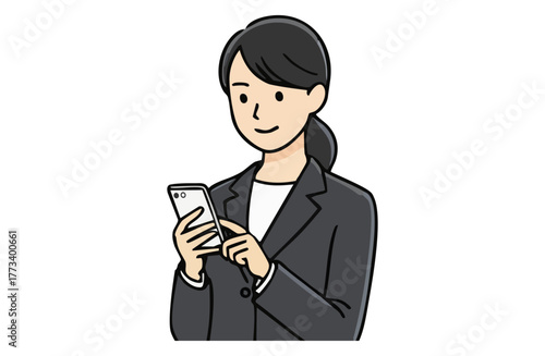 スマートフォンを操作するビジネスウーマン（上半身・シンプルカラー）
