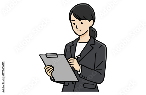 クリップボードに記入するビジネスウーマン（上半身・シンプルカラー）