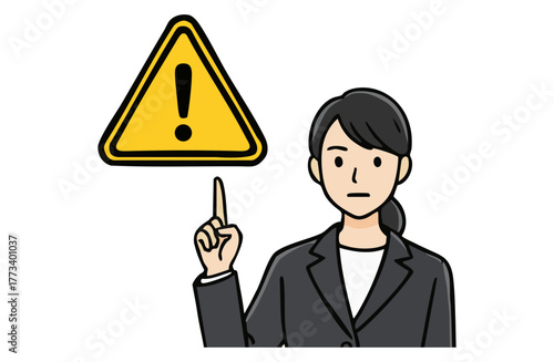 人差し指を立てて警告するビジネスウーマンと禁止アイコン（上半身・シンプルカラー）