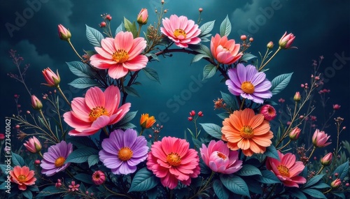 Whimsical floral border intertwining with natural elements like vines and leaves, fantasy, enchanted garden. A whimsical and enchanted garden scene where colorful, stylized flowers and lush green