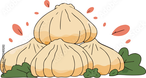 Pile of Dumplings with Green Leaves