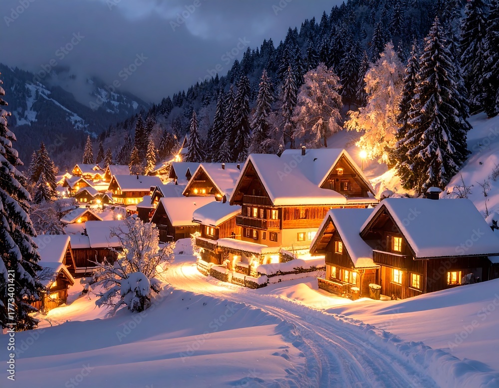 Fototapeta premium Winter village evening glow