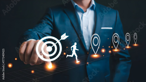 Businessman aiming for success touching target icon with running man and location pins concept for business strategy and achievement