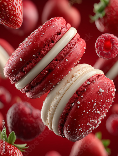 Macaroons with strawberry and raspberry falling on the table. 