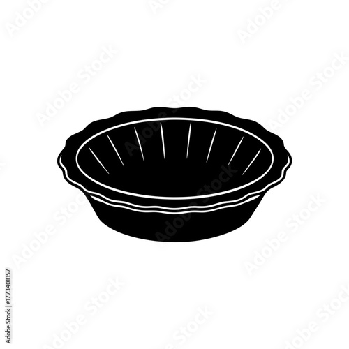 Black and white icon of a fluted baking dish or empty pie plate ready for pastry crust preparation for sweet or savory tarts desserts isolated on white background.