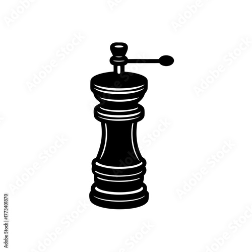 Manual vintage wooden pepper mill grinder icon black silhouette illustration isolated kitchen utensil for seasoning food preparation vector graphic design element cooking
