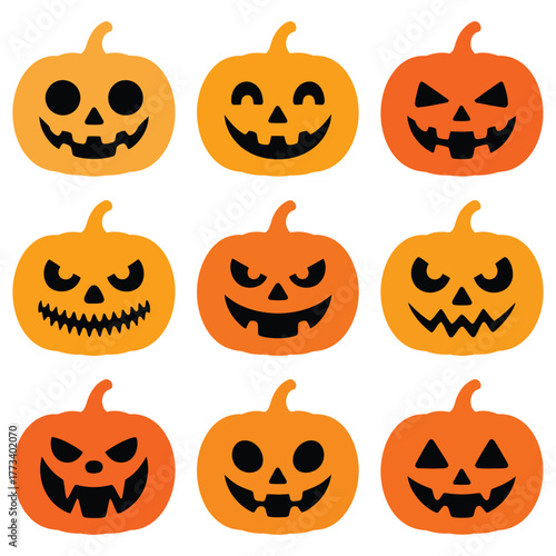 Halloween Jack-o'-Lanterns Collection with Various Spooky Faces