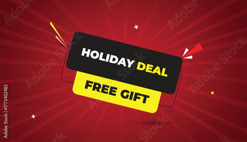 holiday deal free gift web banner vector art template design badge icon label black gray yellow shapes white bold text dark red light shine abstract business background sun bright offer sale