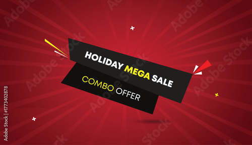 holiday mega sale combo offer web banner vector art template design badge label icon abstract black gray shapes yellow bold text deep white dark red light sun shine business background