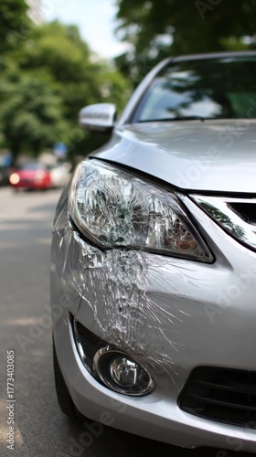 Silver car with cracked front headlight parked on urban street under daylight symbolizing insurance accident vehicle damage and road safety concept