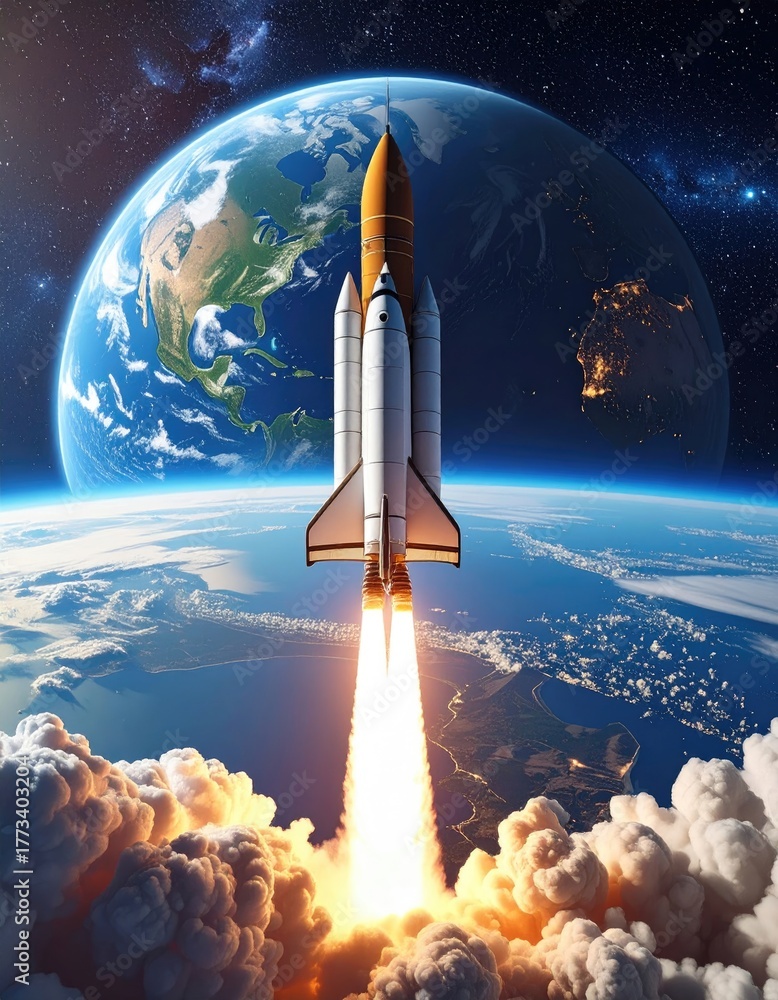 Obraz premium Shuttle launches. Earth backdrop, cloud smoke, bright flames