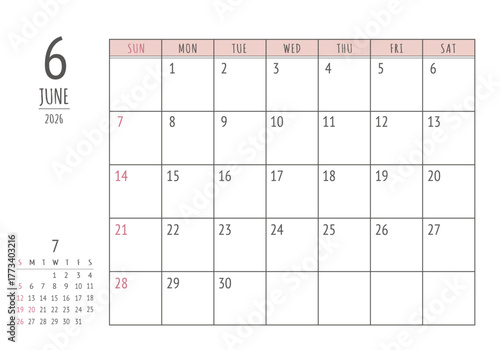 2026年 6月 シンプル書き込みカレンダー