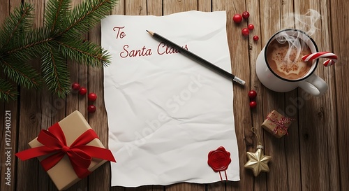 A Christmas letter to Santa Claus is prepared on a wooden table with gifts and hot chocolate.