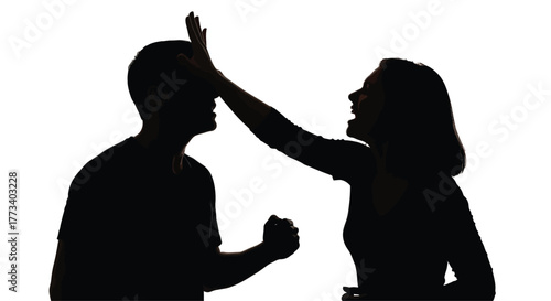 Silhouette of a woman slapping a man domestic violence concept isolated on white background