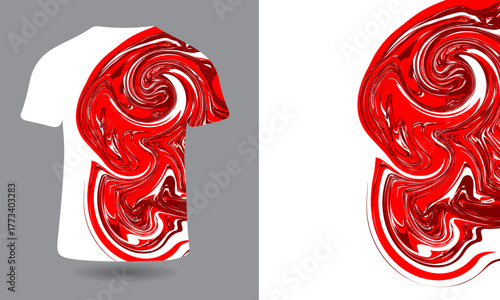 Abstract red design on white t-shirt: showcases a dynamic pattern of swirling red hues across the fabric of a pristine white t-shirt, emphasizing creative style and apparel fashion.