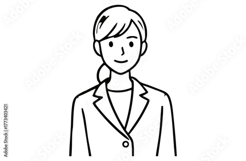 スーツ姿で微笑むビジネスウーマン（上半身・モノクロ線画）