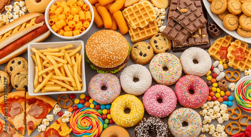 Assortment of unhealthy foods including junk food sweets and sugary drinks creates a visually appealing stock photo 110chars