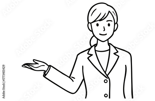 右手で案内するスーツ姿のビジネスウーマン（上半身・モノクロ線画）