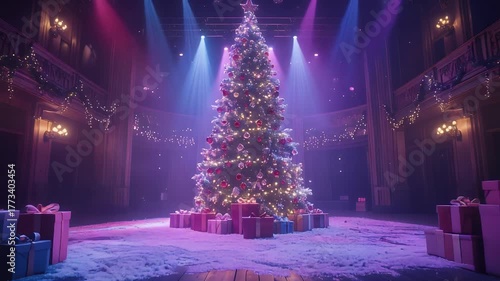 Cinematic Wide Shot of a Grand Christmas Tree Center Stage in a Lavish Theater with Dramatic Colorful Lighting and Copy Space.