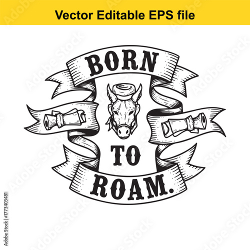 Vector illustration of a donkey head with the phrase born to roam on ribbons