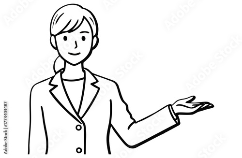 左手で案内するスーツ姿のビジネスウーマン（全身・モノクロ線画）