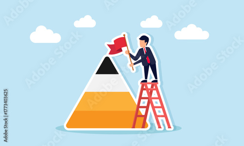 Businessman climbing stairs to plant a flag on pyramid level illustration of effort to improve company management level