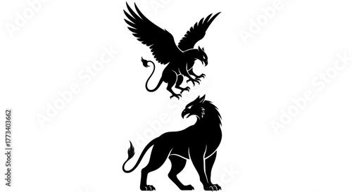 Mythical griffin and lion silhouette with transparent background