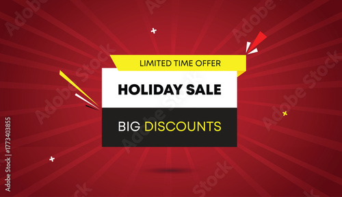 limited offer holiday time sale big discounts banner web vector design template art label badge yellow gray black bold shapes red dark light shine sun abstract background business