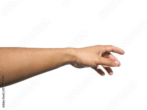 Male hand reaching for something on business concept Isolated on a white background.	