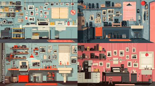 Vintage photography studio illustration with retro cameras, film equipment, and framed photos. Perfect for creative workspace designs, artistic posters, and nostalgic decor concepts.