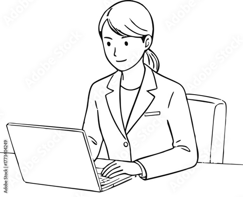 パソコン操作するビジネスウーマン（上半身・モノクロ線画）