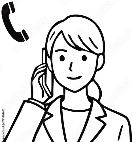 スマートフォンで通話するビジネスウーマン（上半身・モノクロ線画）