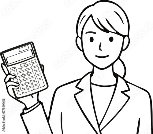 電卓を持つビジネスウーマン（上半身・モノクロ線画）