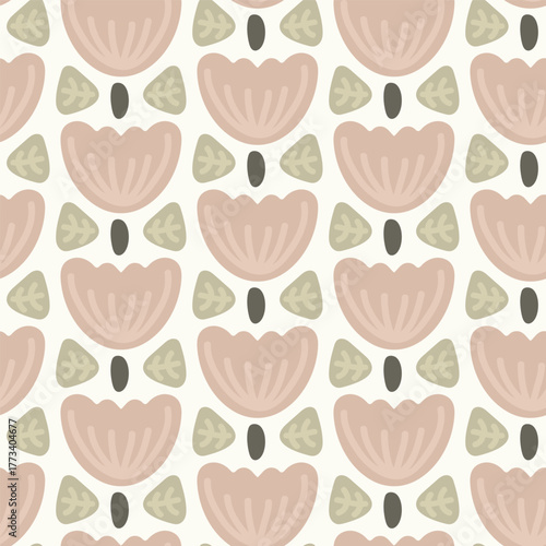 Simple cute florals with small leaves and stems, forming a maximalist floral pattern in colors of peach, cream, green and brown on off white. Botanical seamless vector pattern. Great for home decor.