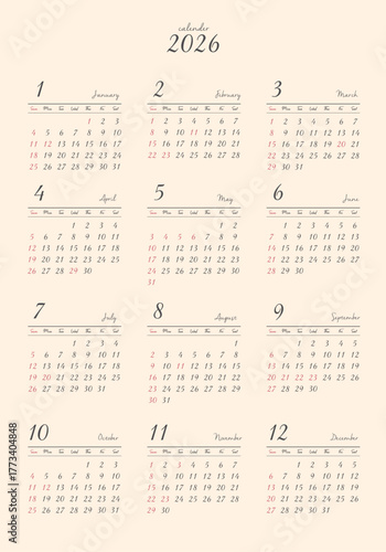 2026年_年間カレンダー_レトロ タテ型