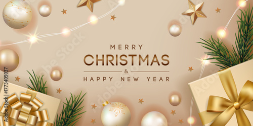 Merry Christmas Banner with Golden Christmas Elements and Gift Boxes . Vector illustration.	