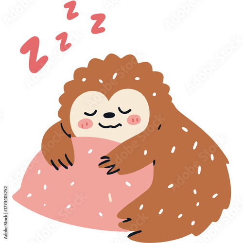 Sleepy Sloth Hugging Fluffy Pillow with Zzz Bubbles | Cute Kawaii Sloth Cuddling Pillow Illustration | Adorable Tired Sloth with Floating Sleep Symbols | Cozy Cartoon Sloth Resting Peacefully
