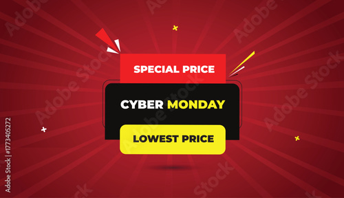 special price cyber monday vector art template web banner lowest price design badge icon label red black yellow shapes bold text white dark red light sun shine abstract business background