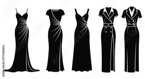 Collection of elegant evening dresses formal gowns in black silhouette fashion illustration apparel