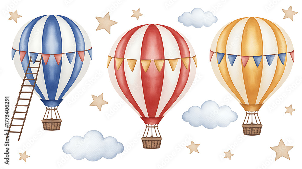 Obraz premium Three colorful hot air balloons with clouds and stars