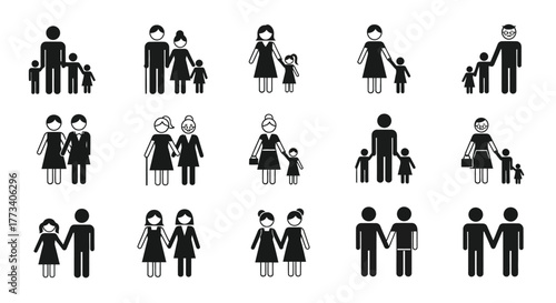 Diverse family icon set stick figure illustration of various family structures isolated on white background