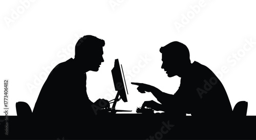 Two men working together at a computer silhouette illustration teamwork and collaboration concepts isolated on white