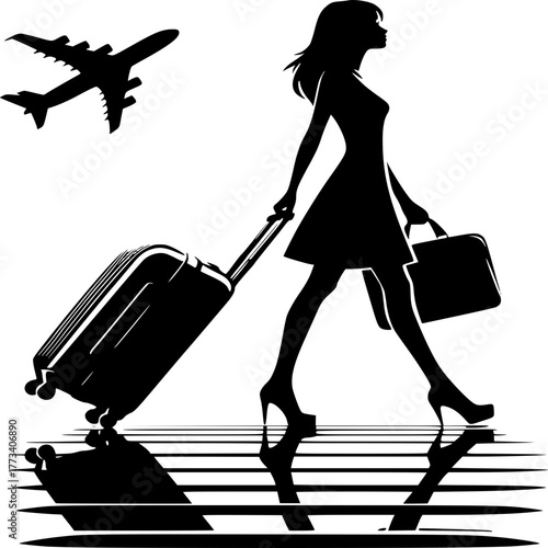 Jetsetter's Journey: A silhouetted woman strides confidently with her luggage towards an airplane, embodying the spirit of travel and adventure.