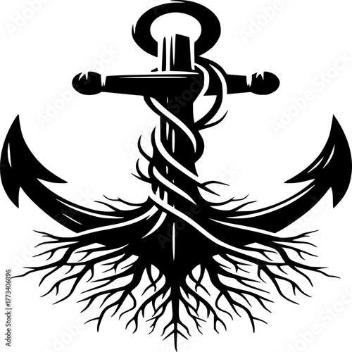 Anchor and Roots: An emblematic representation of resilience and stability. A strong anchor is interwoven with a complex network of roots. Symbolizing grounding, strength.