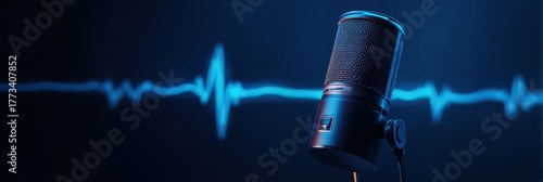 Exclusive photo of microphone with blue sound wave on dark background.