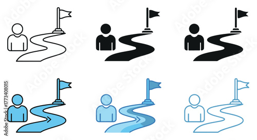 Person following a winding path towards a goal flag, multiple variations isolated on transparent background