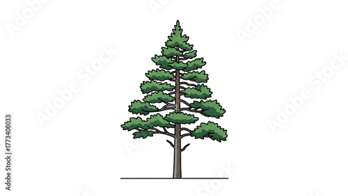 Simple illustration of a single evergreen pine tree, an isolated conifer on a white background