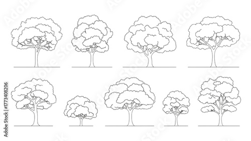 Diverse collection of line art tree illustrations, showcasing various shapes and sizes for ecological design projects