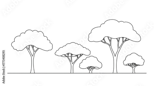 Stylized outline illustration of an African savanna tree landscape in minimalist design