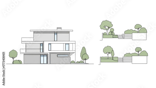 Contemporary Residential Building Elevation with Integrated Landscape Design Plans and Site Details